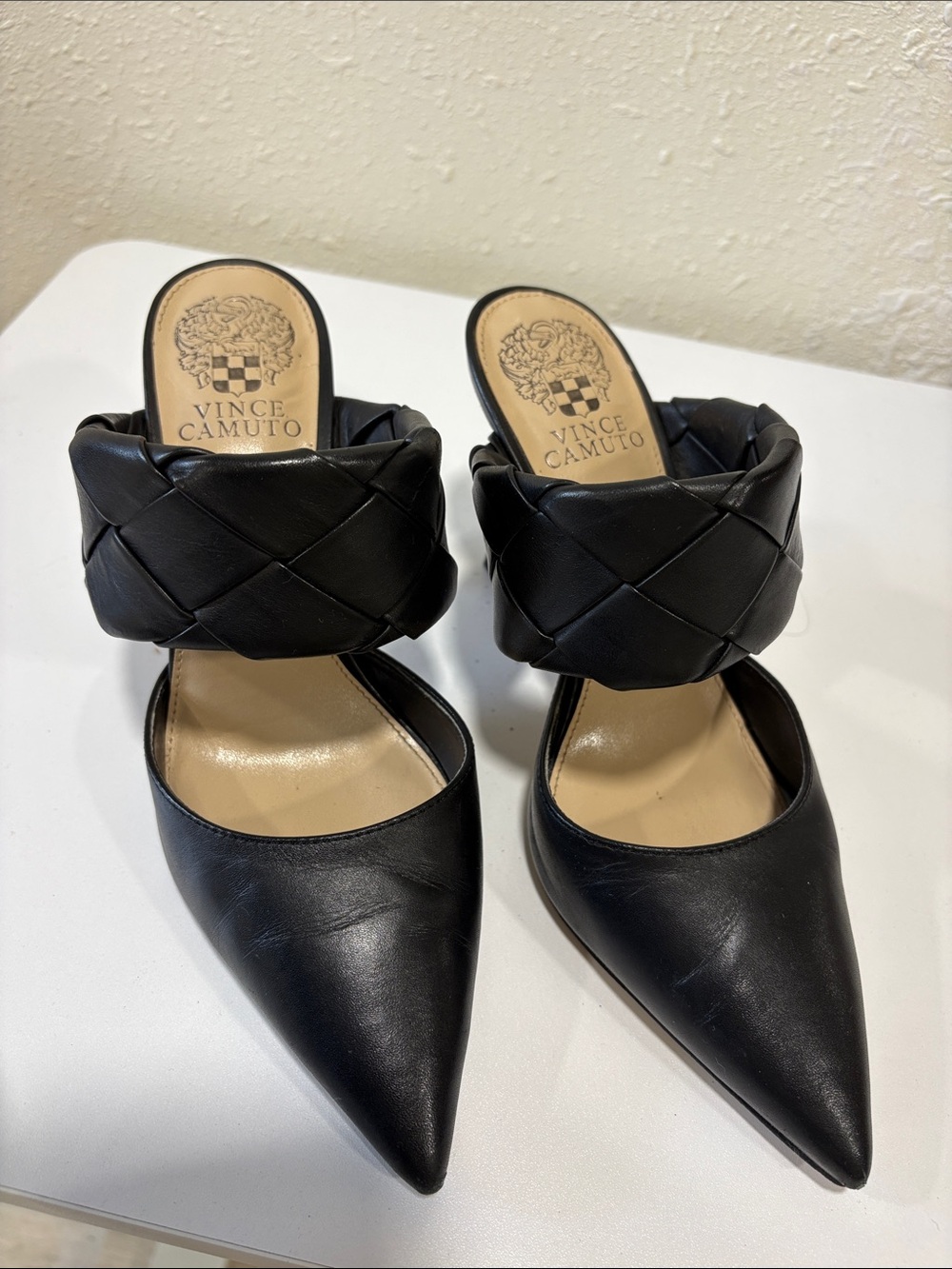 Vince Camuto Alandra Black Pointed Toe Quilted-Strap Mules